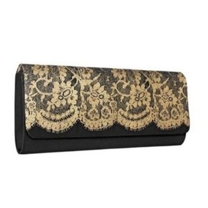 Avon  Evening Clutch Bag Black Satin W Gold Lace Print NEW